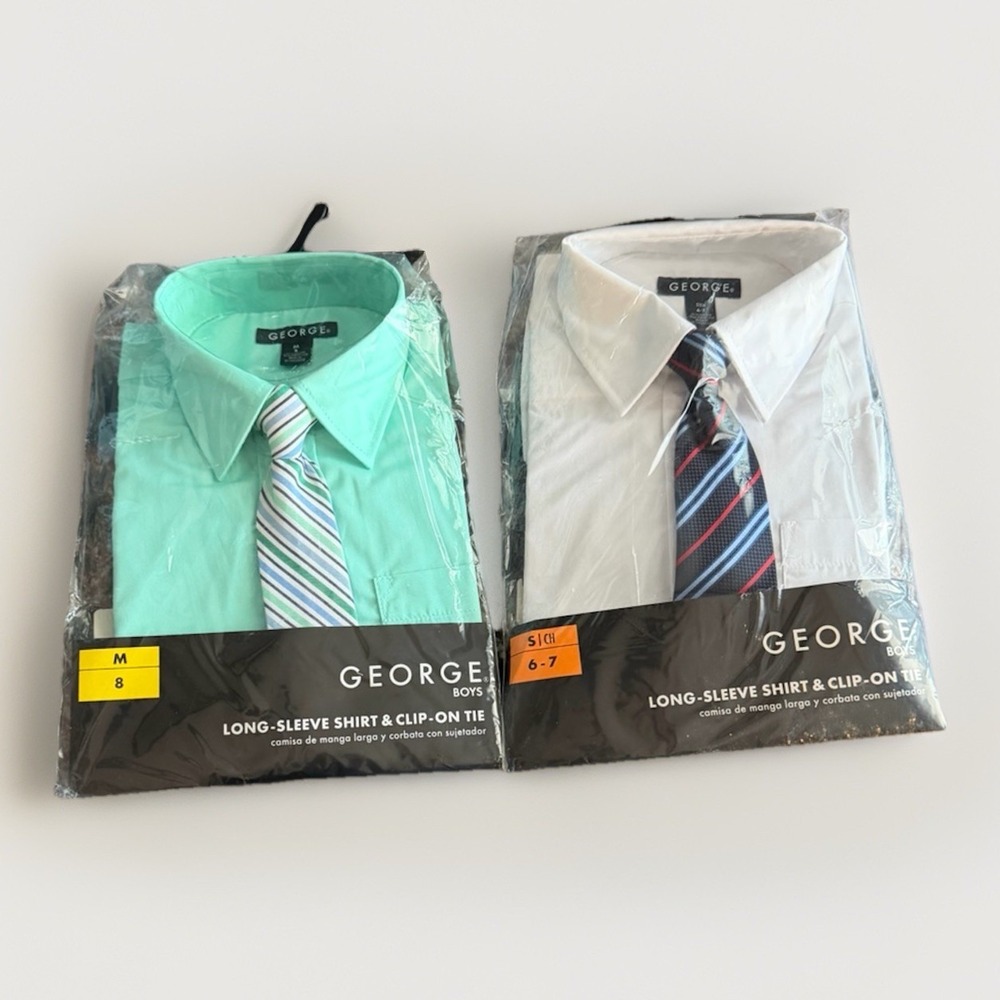 Boys Dress Shirt & Tie Lot 2pc‎ George White Green Clip-On Size 6-8 NWT